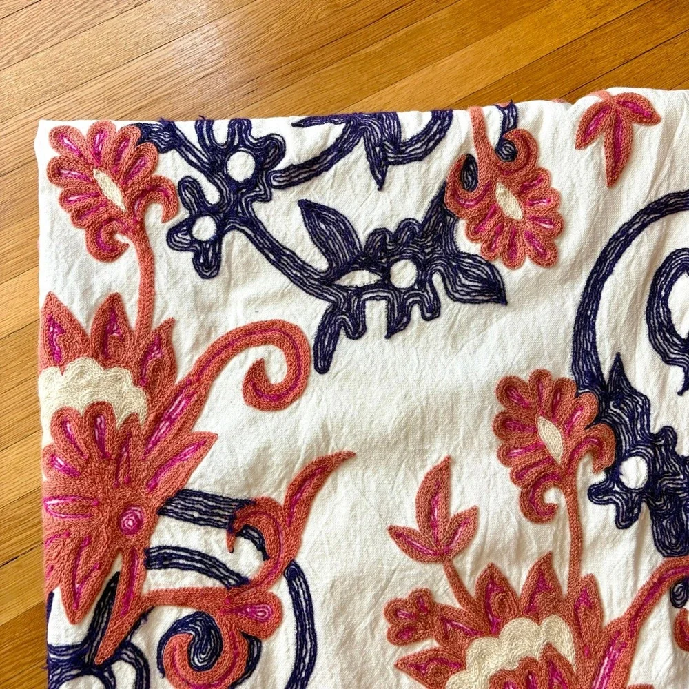 Vintage Anthropologie Embroidered Wool Curtain Pair 50x96 Floral Crewel Bohemian